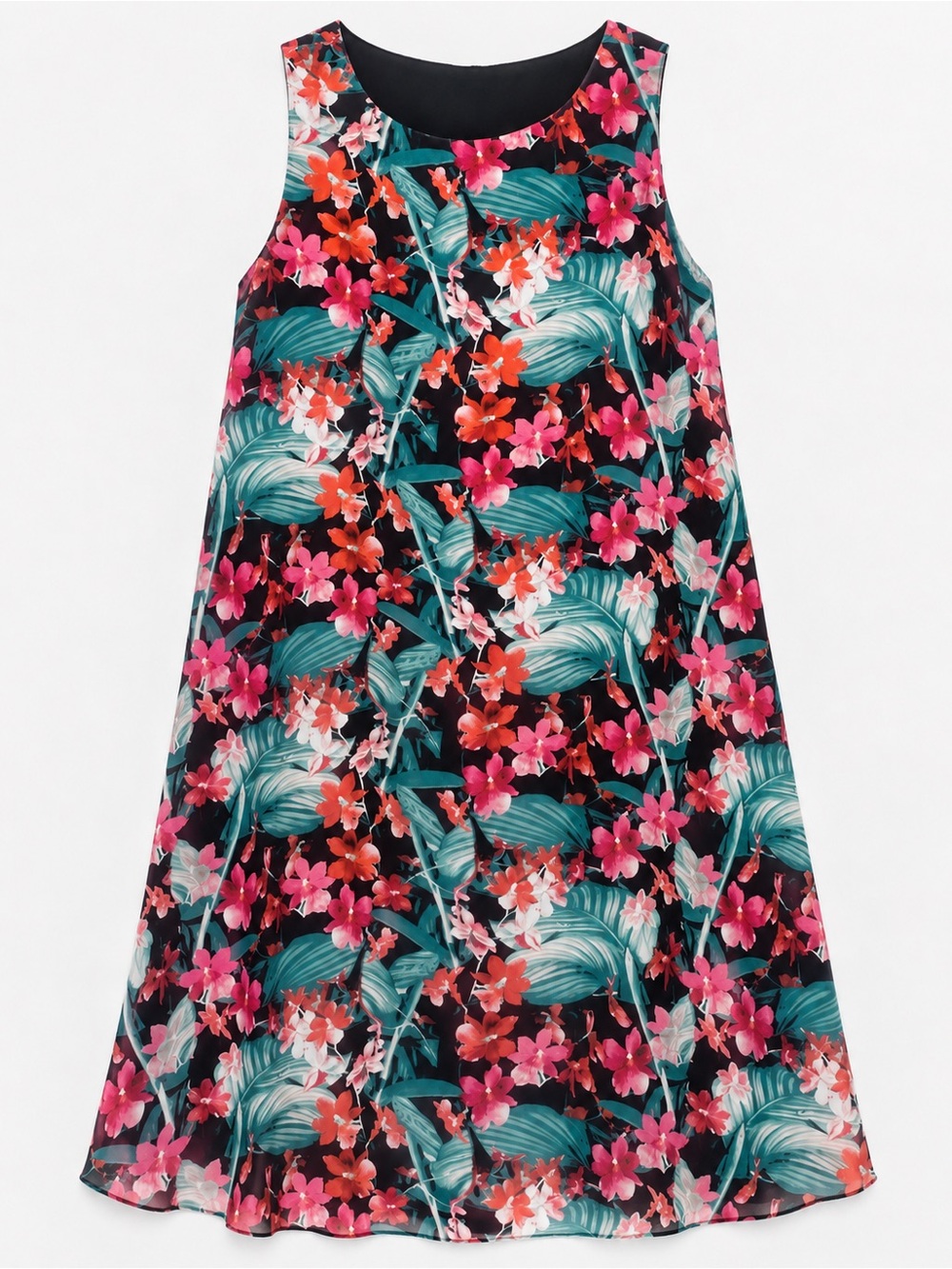 Tropical Floral Sleeveless Swing Dress Black Pink Teal Flowy Summer Dress